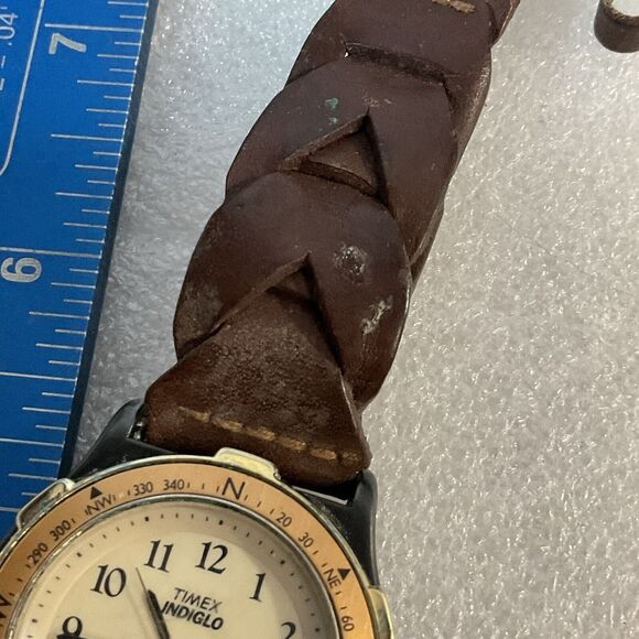 Vtg Timex Watch Men 38mm Indiglo Gold Tone Compass Bezel Leather New Battery - Picture 10 of 16